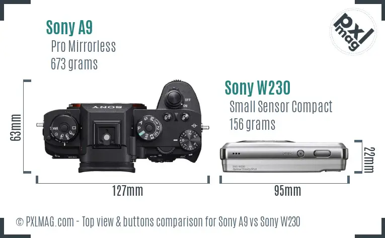 Sony A9 vs Sony W230 top view buttons comparison