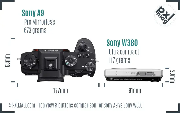Sony A9 vs Sony W380 top view buttons comparison
