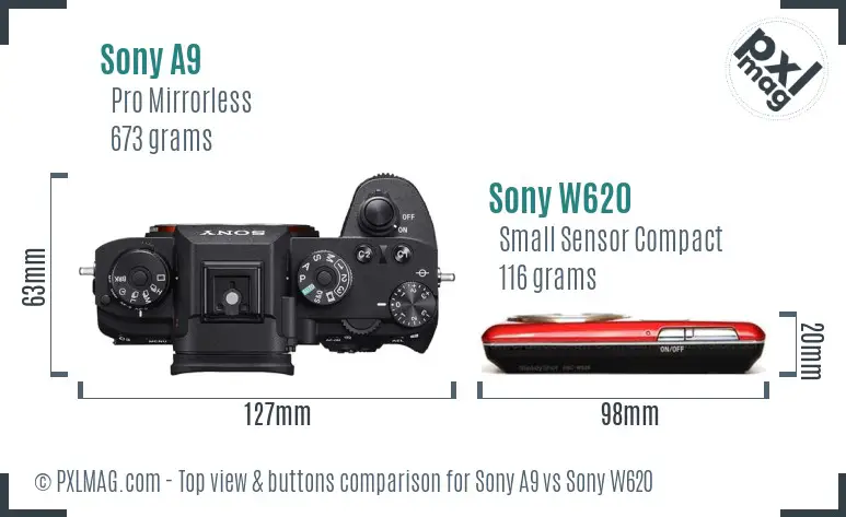 Sony A9 vs Sony W620 top view buttons comparison