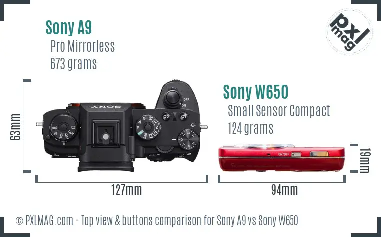Sony A9 vs Sony W650 top view buttons comparison