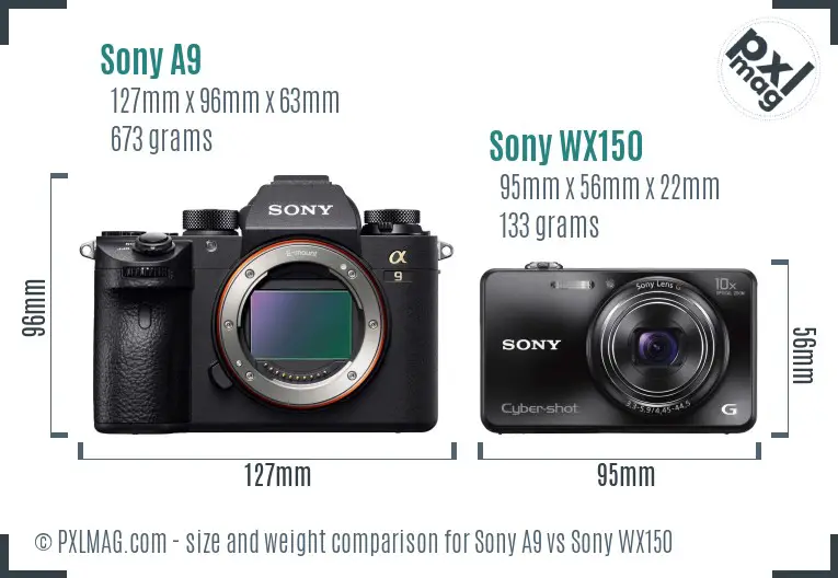 Sony A9 vs Sony WX150 size comparison