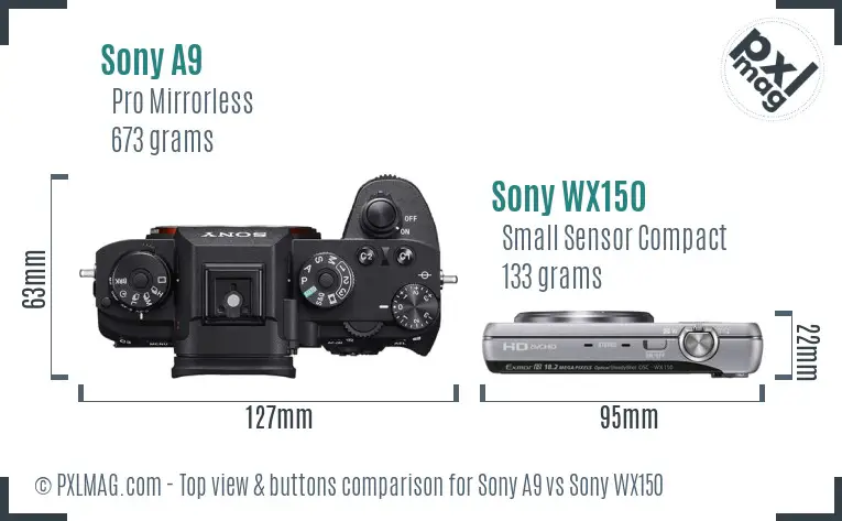 Sony A9 vs Sony WX150 top view buttons comparison