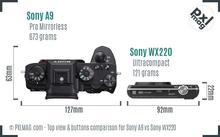 Sony A9 vs Sony WX220 top view buttons comparison