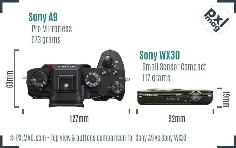 Sony A9 vs Sony WX30 top view buttons comparison