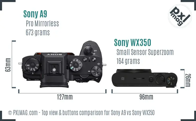 Sony A9 vs Sony WX350 top view buttons comparison