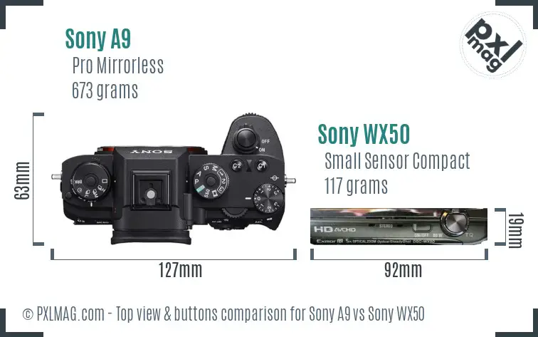 Sony A9 vs Sony WX50 top view buttons comparison