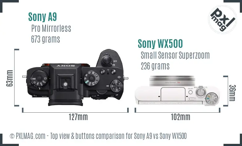 Sony A9 vs Sony WX500 top view buttons comparison