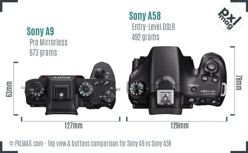 Sony A9 vs Sony A58 top view buttons comparison