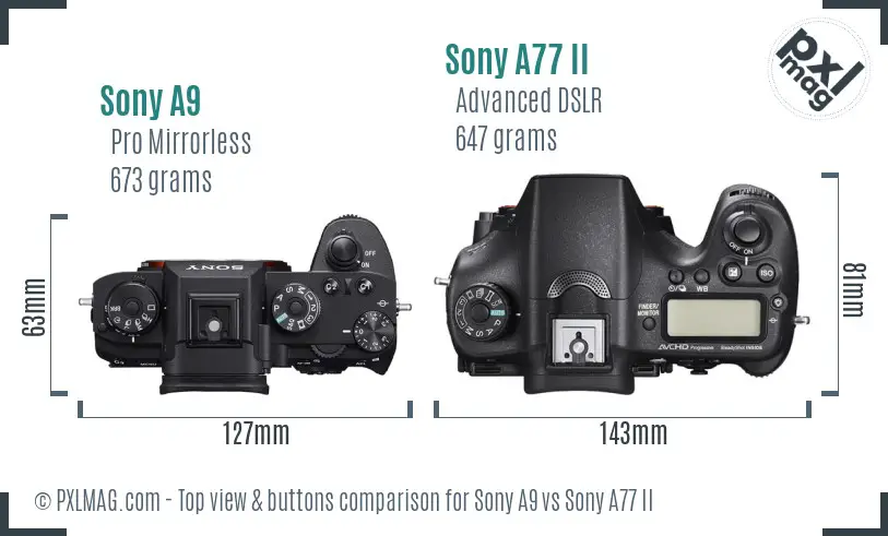Sony A9 vs Sony A77 II top view buttons comparison