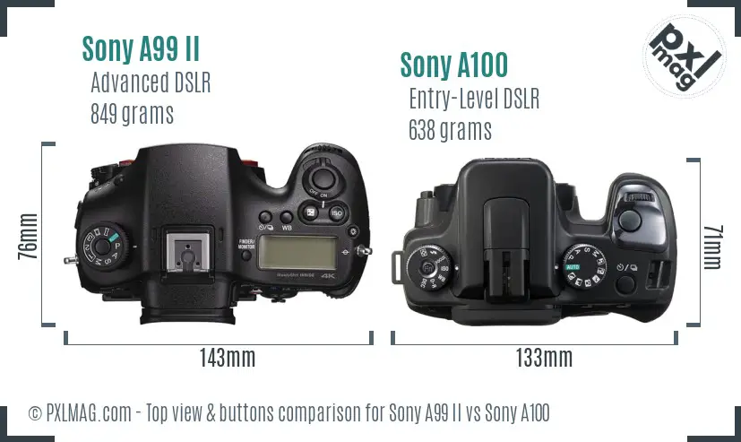 Sony A99 II vs Sony A100 top view buttons comparison