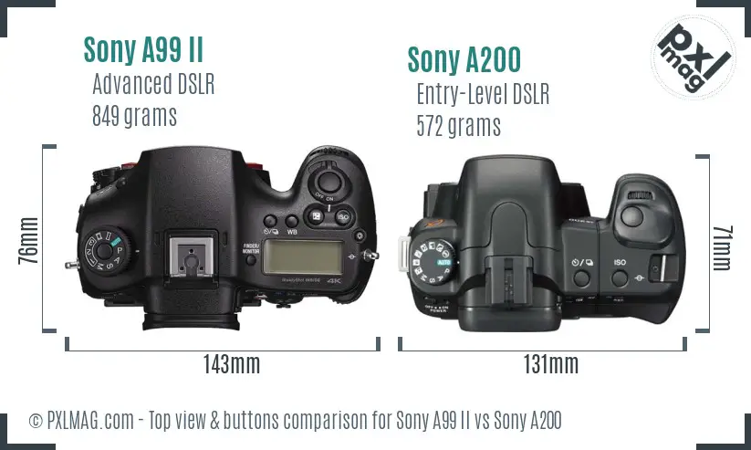 Sony A99 II vs Sony A200 top view buttons comparison