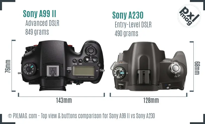 Sony A99 II vs Sony A230 top view buttons comparison