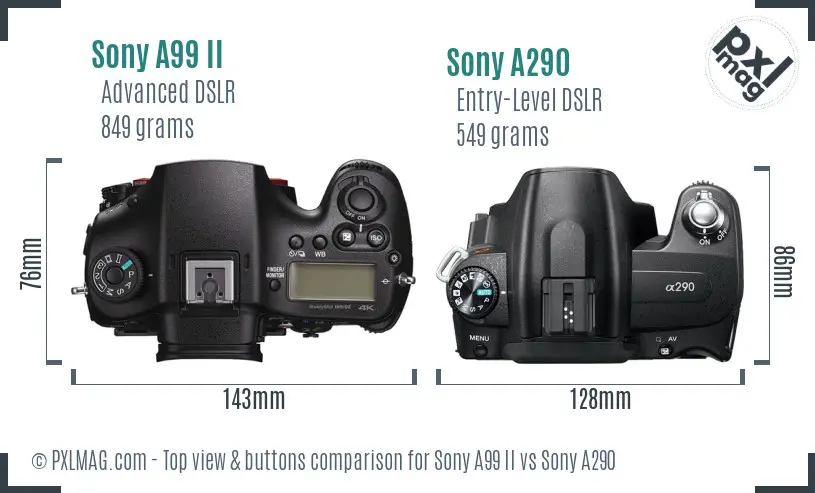 Sony A99 II vs Sony A290 top view buttons comparison
