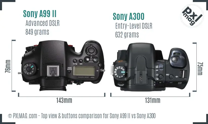 Sony A99 II vs Sony A300 top view buttons comparison