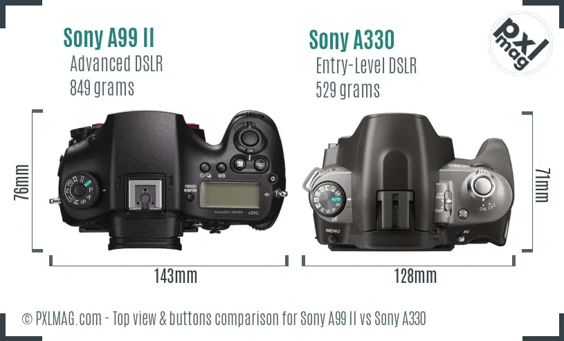 Sony A99 II vs Sony A330 top view buttons comparison