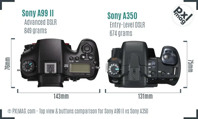 Sony A99 II vs Sony A350 top view buttons comparison