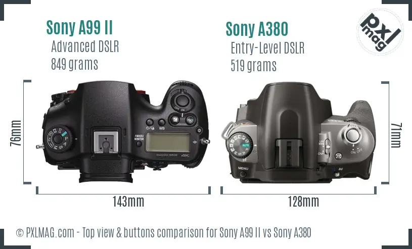 Sony A99 II vs Sony A380 top view buttons comparison