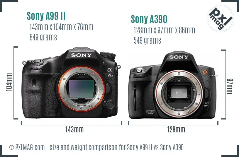 Sony A99 II vs Sony A390 size comparison