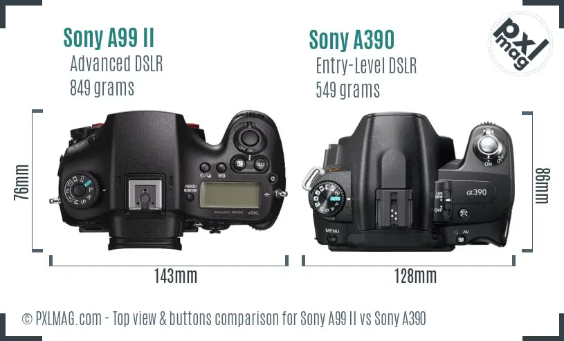 Sony A99 II vs Sony A390 top view buttons comparison