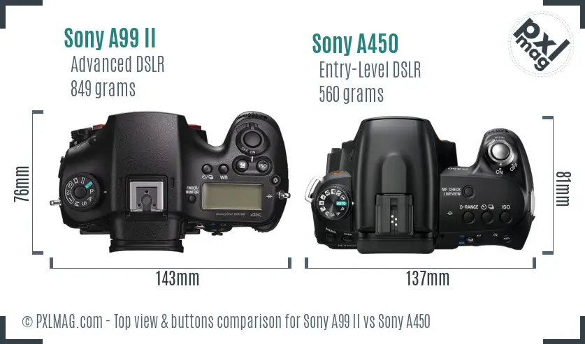 Sony A99 II vs Sony A450 top view buttons comparison