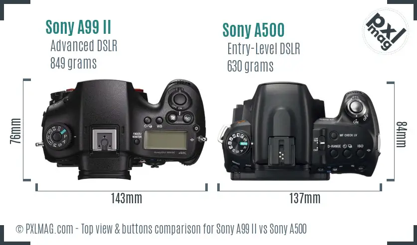 Sony A99 II vs Sony A500 top view buttons comparison