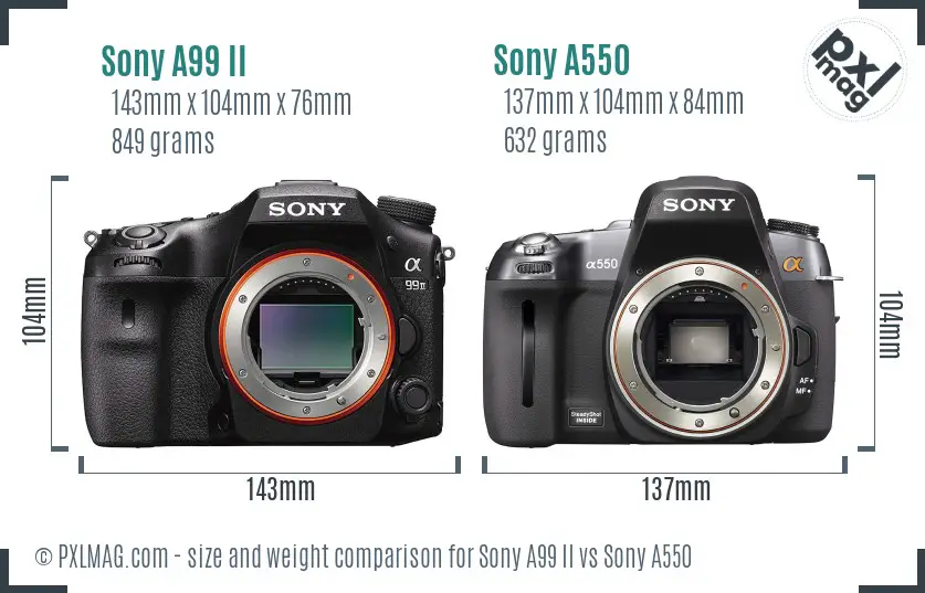 Sony A99 II vs Sony A550 size comparison