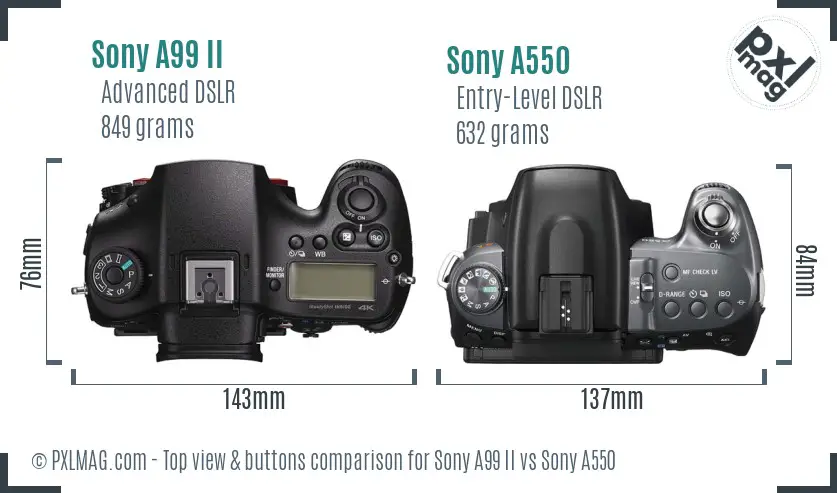 Sony A99 II vs Sony A550 top view buttons comparison