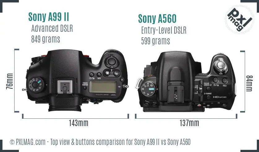Sony A99 II vs Sony A560 top view buttons comparison