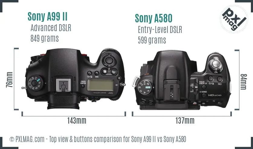 Sony A99 II vs Sony A580 top view buttons comparison