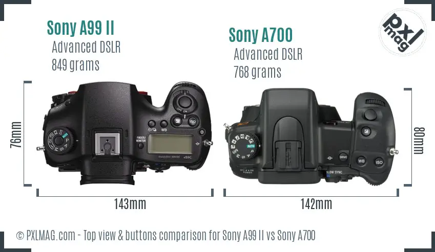 Sony A99 II vs Sony A700 top view buttons comparison