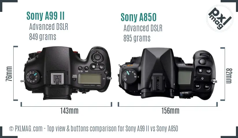 Sony A99 II vs Sony A850 top view buttons comparison