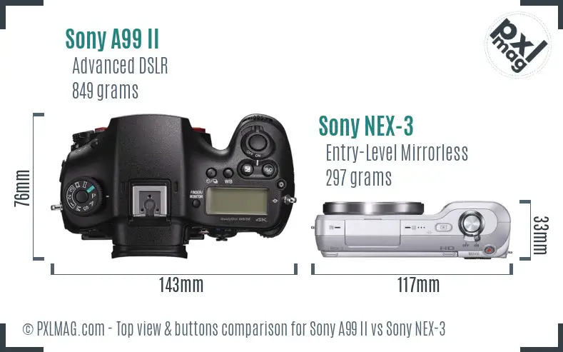 Sony A99 II vs Sony NEX-3 top view buttons comparison
