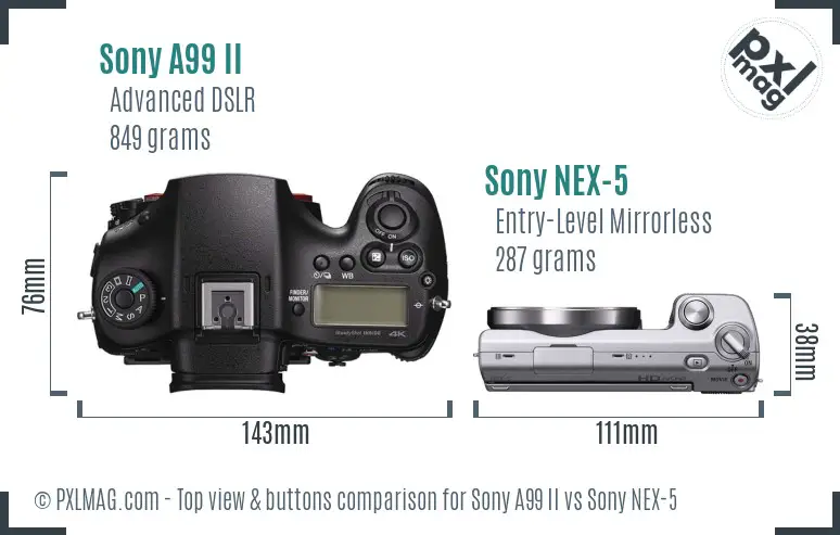 Sony A99 II vs Sony NEX-5 top view buttons comparison
