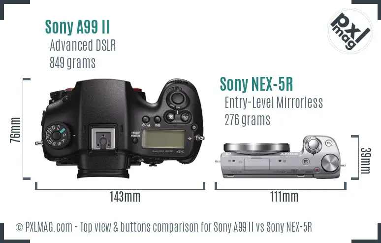 Sony A99 II vs Sony NEX-5R top view buttons comparison