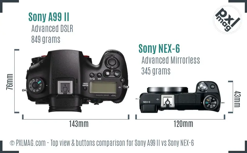 Sony A99 II vs Sony NEX-6 top view buttons comparison