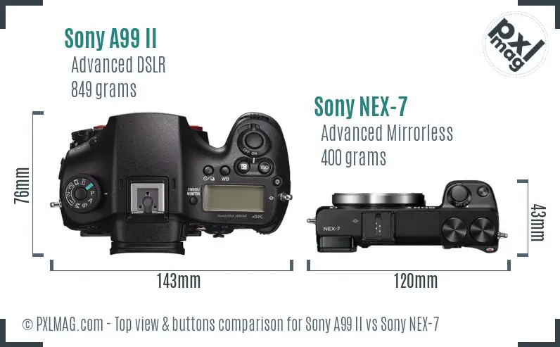 Sony A99 II vs Sony NEX-7 top view buttons comparison