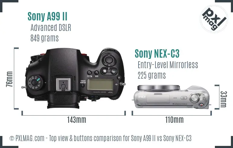 Sony A99 II vs Sony NEX-C3 top view buttons comparison
