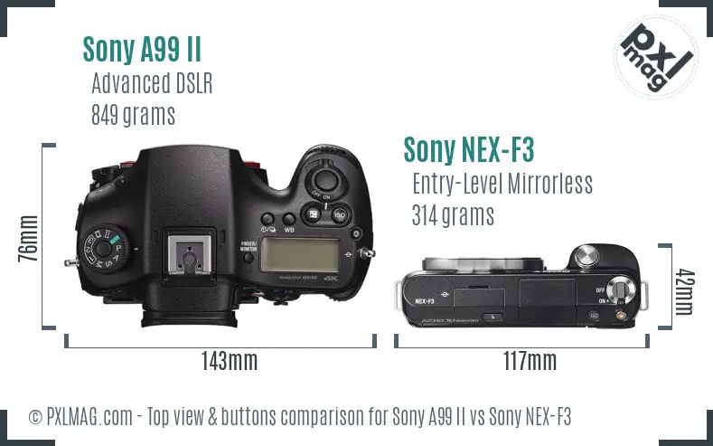 Sony A99 II vs Sony NEX-F3 top view buttons comparison