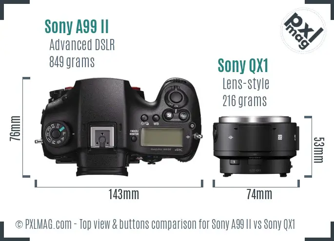 Sony A99 II vs Sony QX1 top view buttons comparison