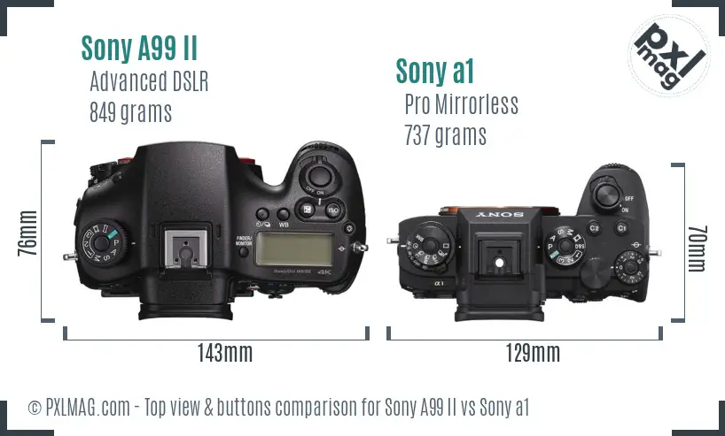 Sony A99 II vs Sony a1 top view buttons comparison