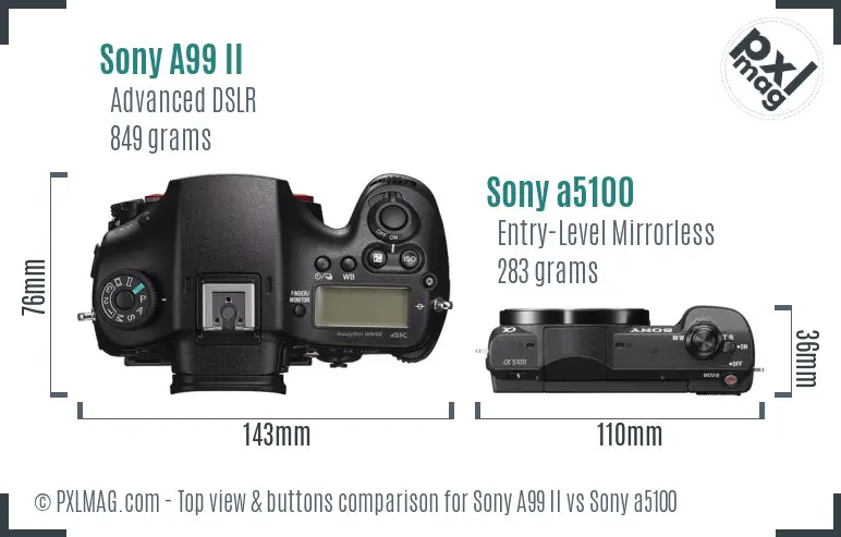 Sony A99 II vs Sony a5100 top view buttons comparison