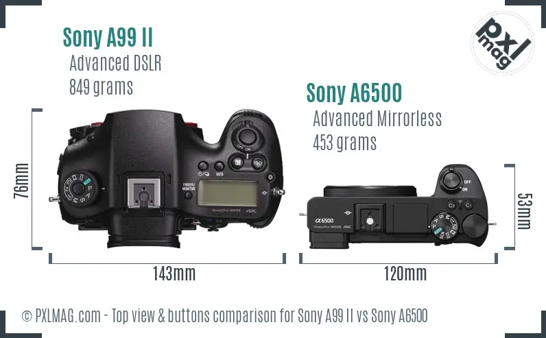 Sony A99 II vs Sony A6500 top view buttons comparison