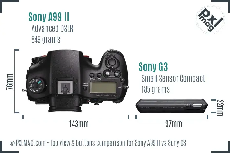Sony A99 II vs Sony G3 top view buttons comparison