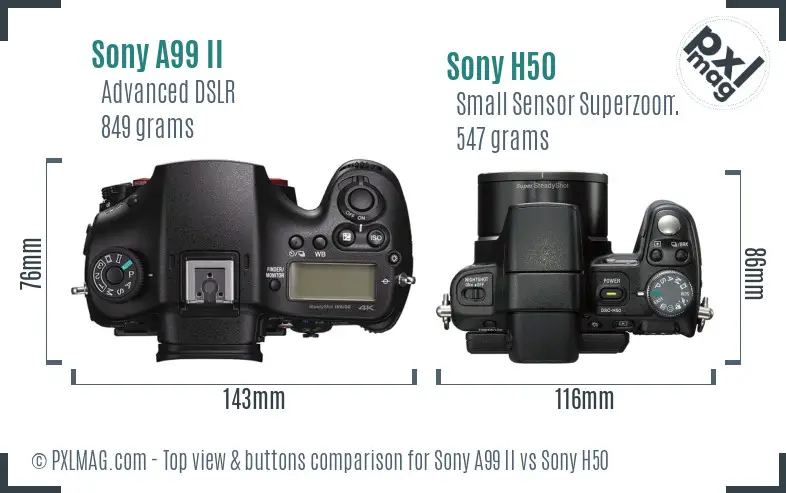 Sony A99 II vs Sony H50 top view buttons comparison