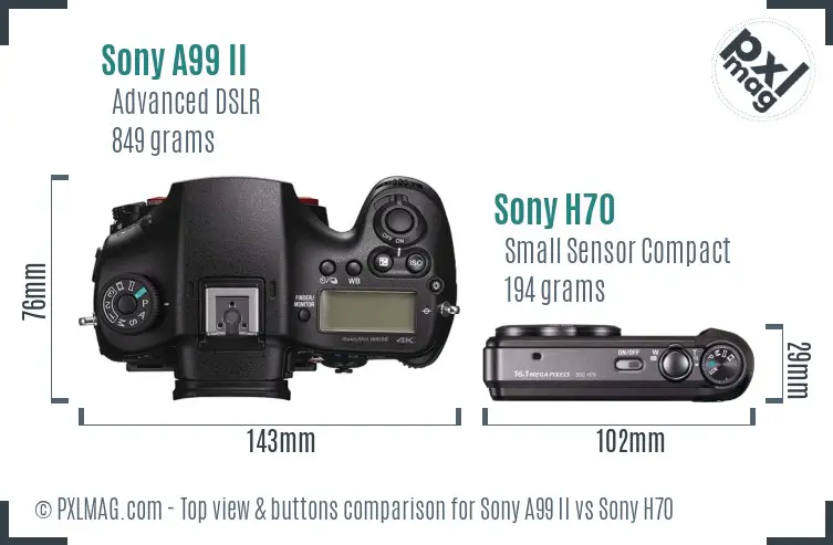 Sony A99 II vs Sony H70 top view buttons comparison