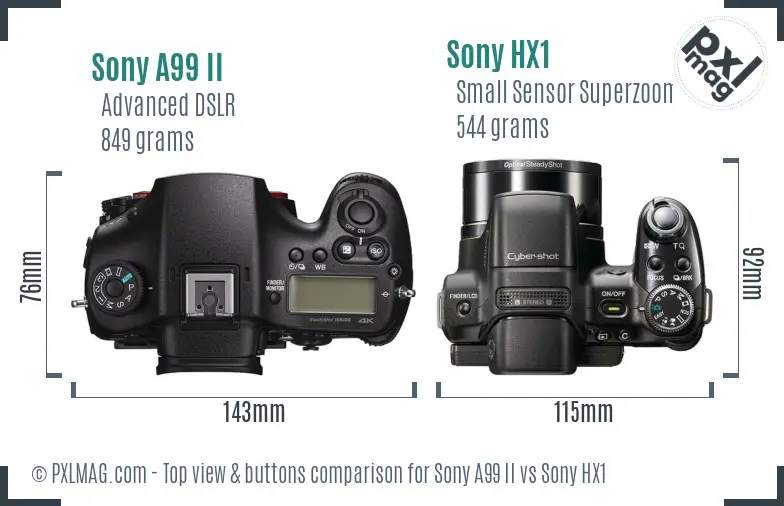 Sony A99 II vs Sony HX1 top view buttons comparison
