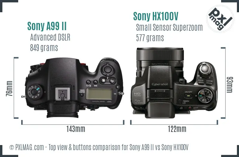 Sony A99 II vs Sony HX100V top view buttons comparison