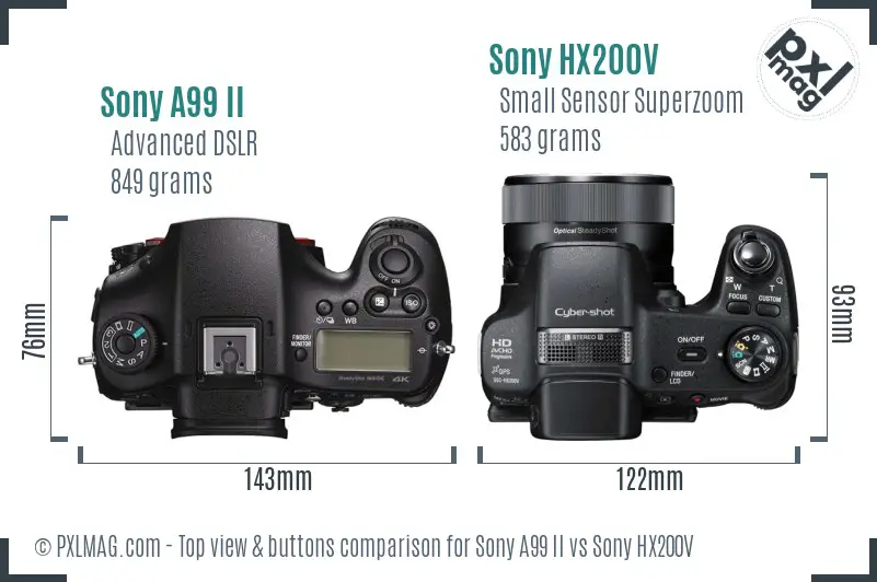 Sony A99 II vs Sony HX200V top view buttons comparison