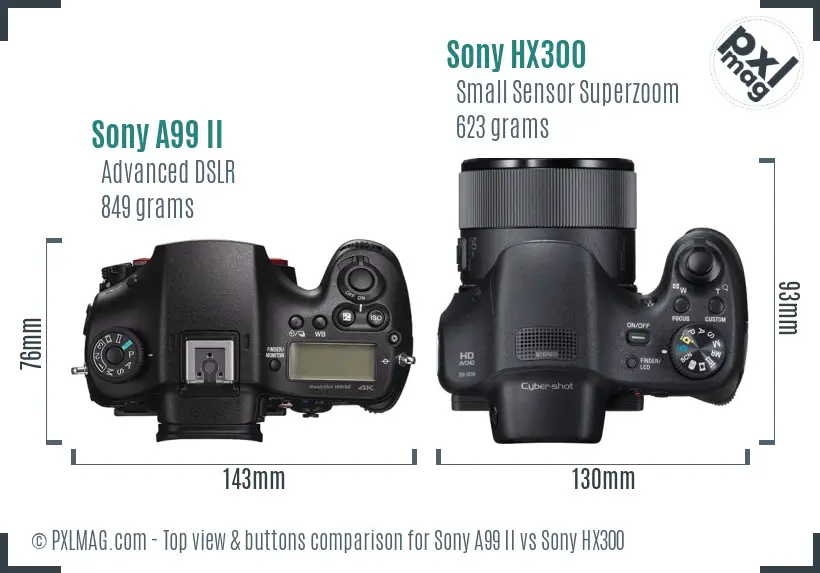 Sony A99 II vs Sony HX300 top view buttons comparison