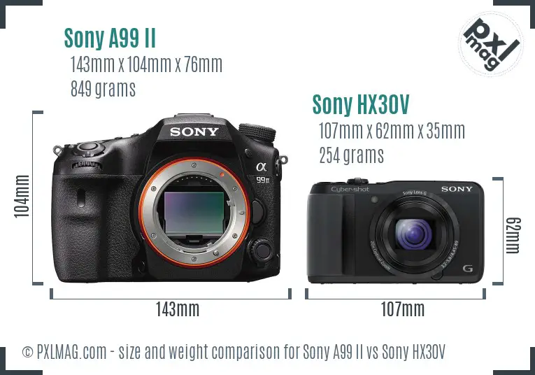 Sony A99 II vs Sony HX30V size comparison